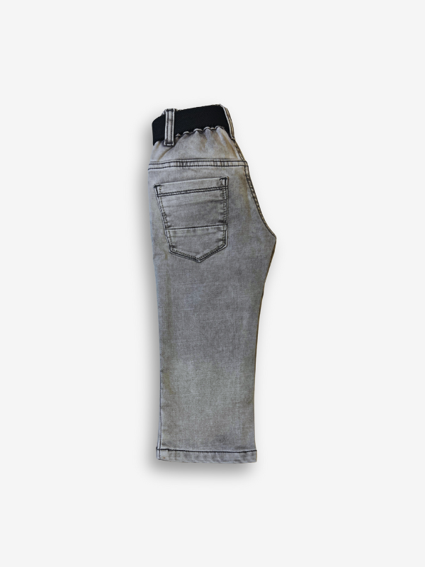 Boys' light grey wash denim jeans with a slightly faded look, an elasticated waist, and a thick black web belt with a silver rectangular buckle.