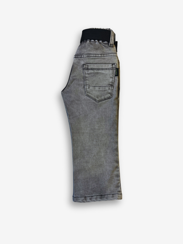 Boys' light grey wash denim jeans with a slightly faded look, an elasticated waist, and a thick black web belt with a silver rectangular buckle.