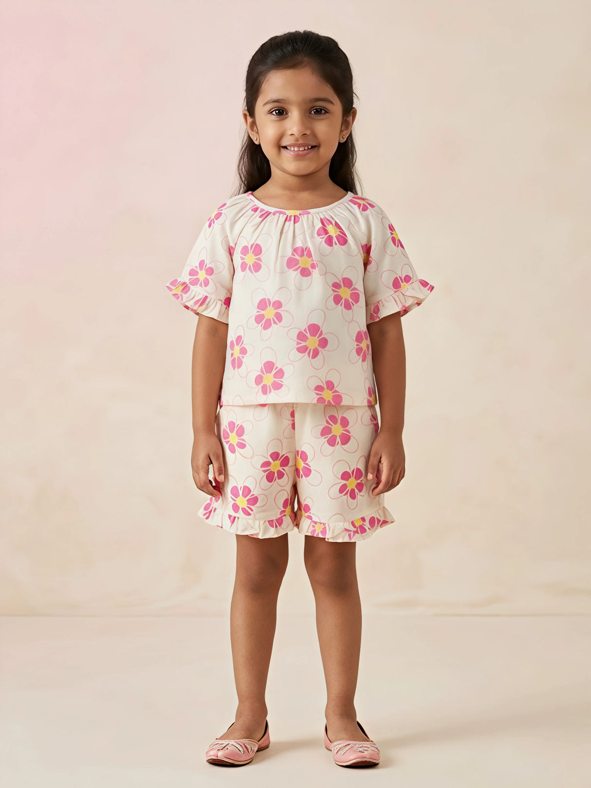 Girls Pink Floral Cotton Short Set
