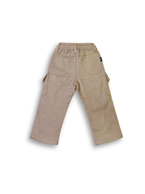Boys' dark grey wash denim-look pants with an elastic waist, straight leg, and a thick khaki or tan-colored web belt with a silver rectangular buckle.