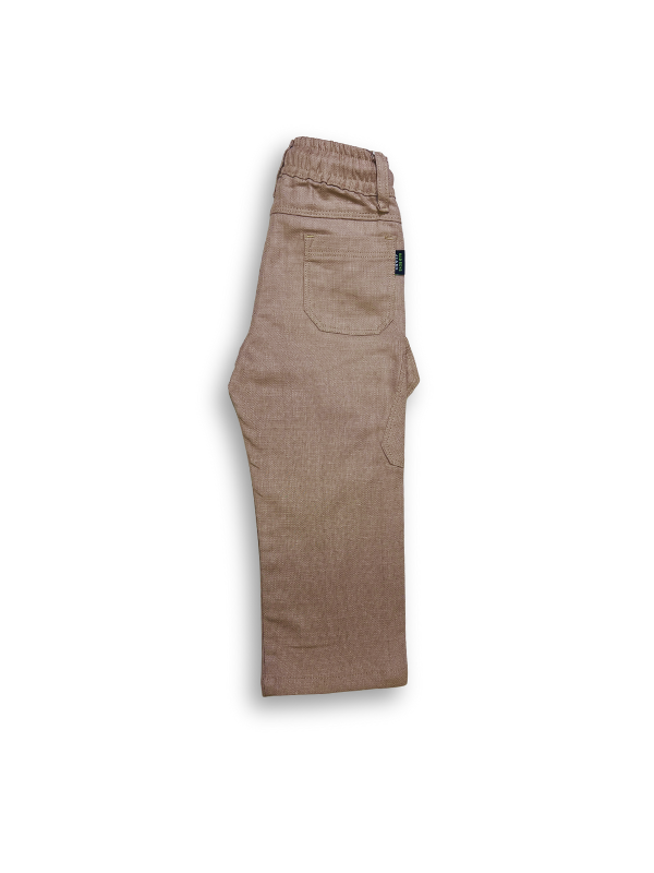 Boys' dark grey wash denim-look pants with an elastic waist, straight leg, and a thick khaki or tan-colored web belt with a silver rectangular buckle.