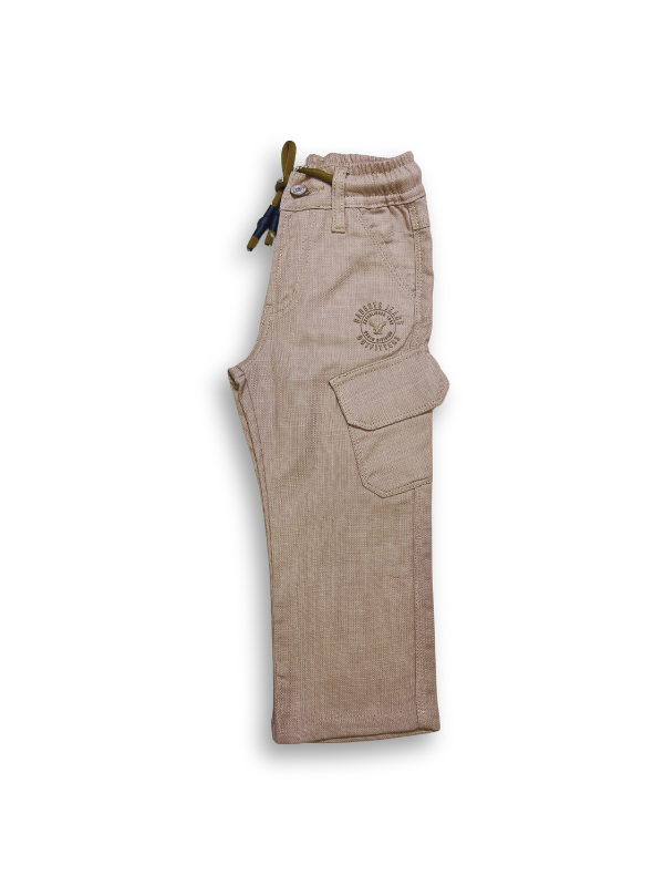 Boys' dark grey wash denim-look pants with an elastic waist, straight leg, and a thick khaki or tan-colored web belt with a silver rectangular buckle.
