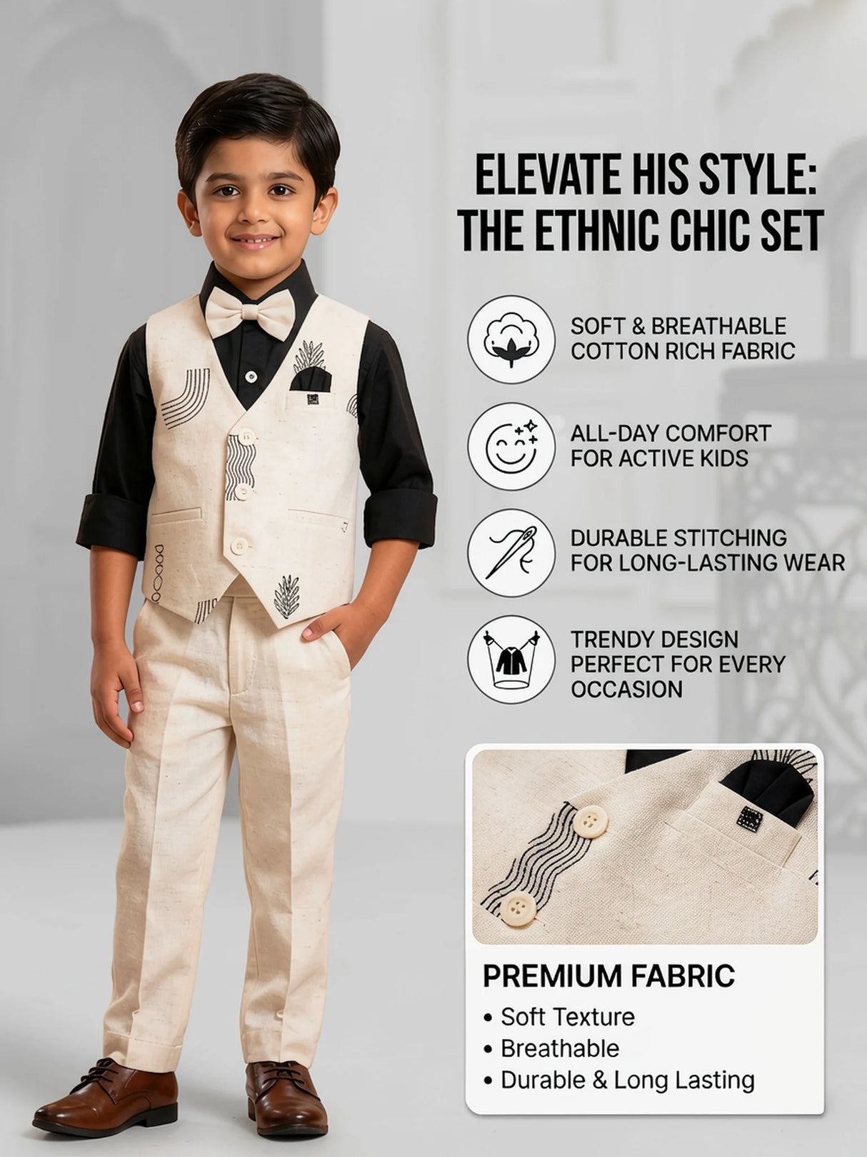 Boys' Black & Off-White Waistcoat Set - Stylish Party Wear
