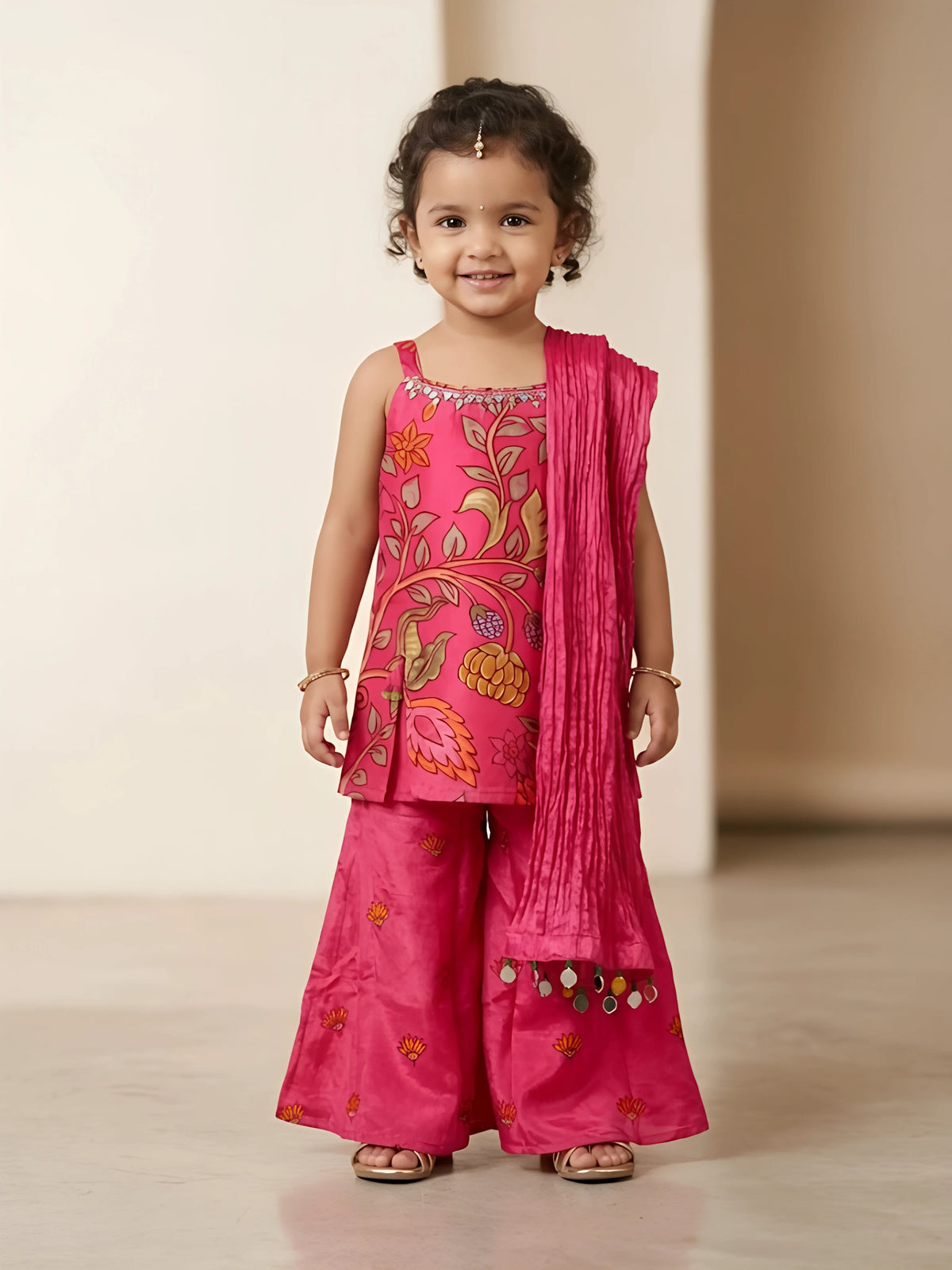 Rani pink floral print palazzo set with matching dupatta for girls ethnic wear.