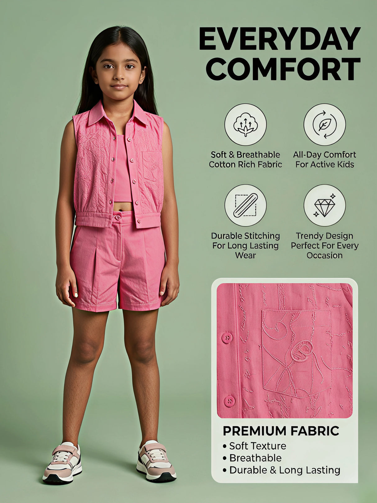 Girls Pink Cotton 3-Piece Co-ord Set with Embroidered Vest