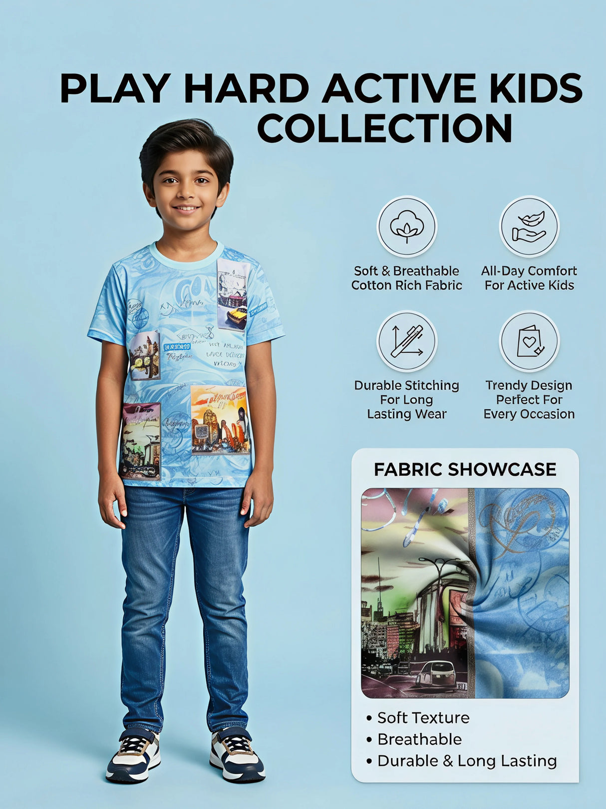 Boys Light Blue City Graphic Print T-Shirt