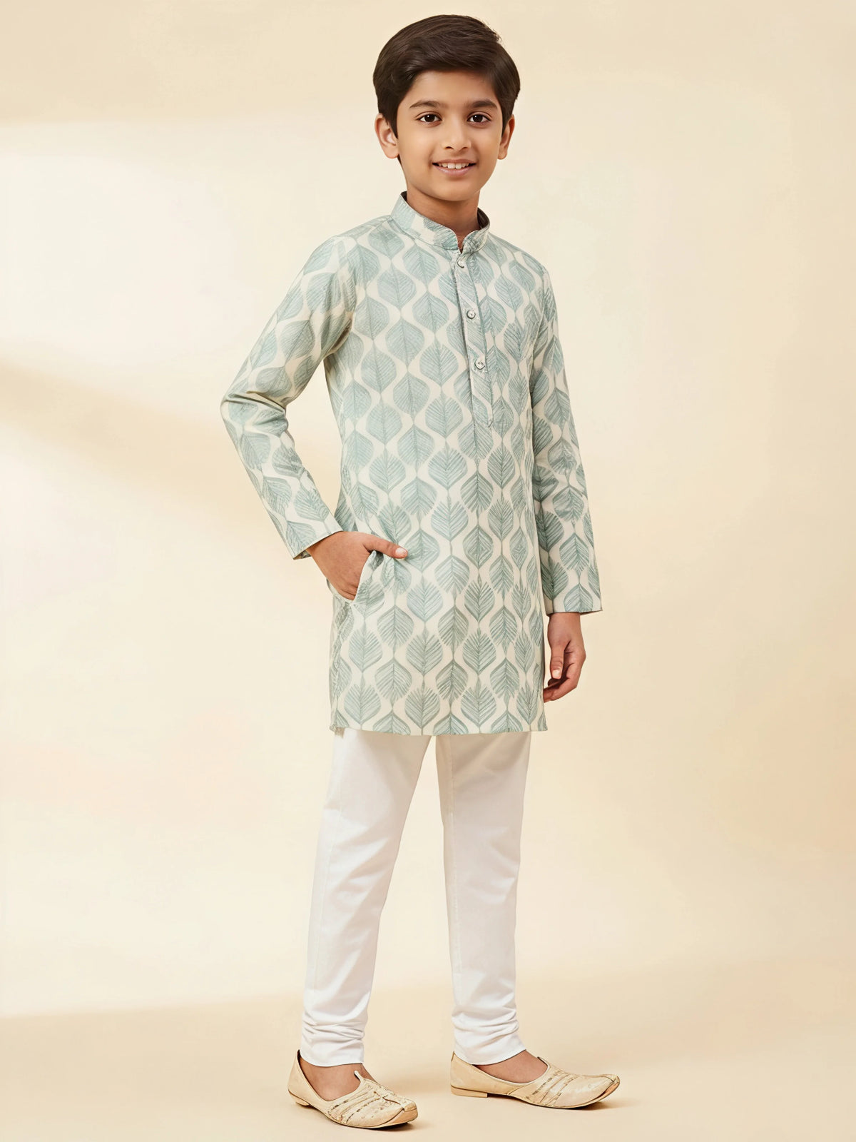 Green leaf print kurta pajama set for boys