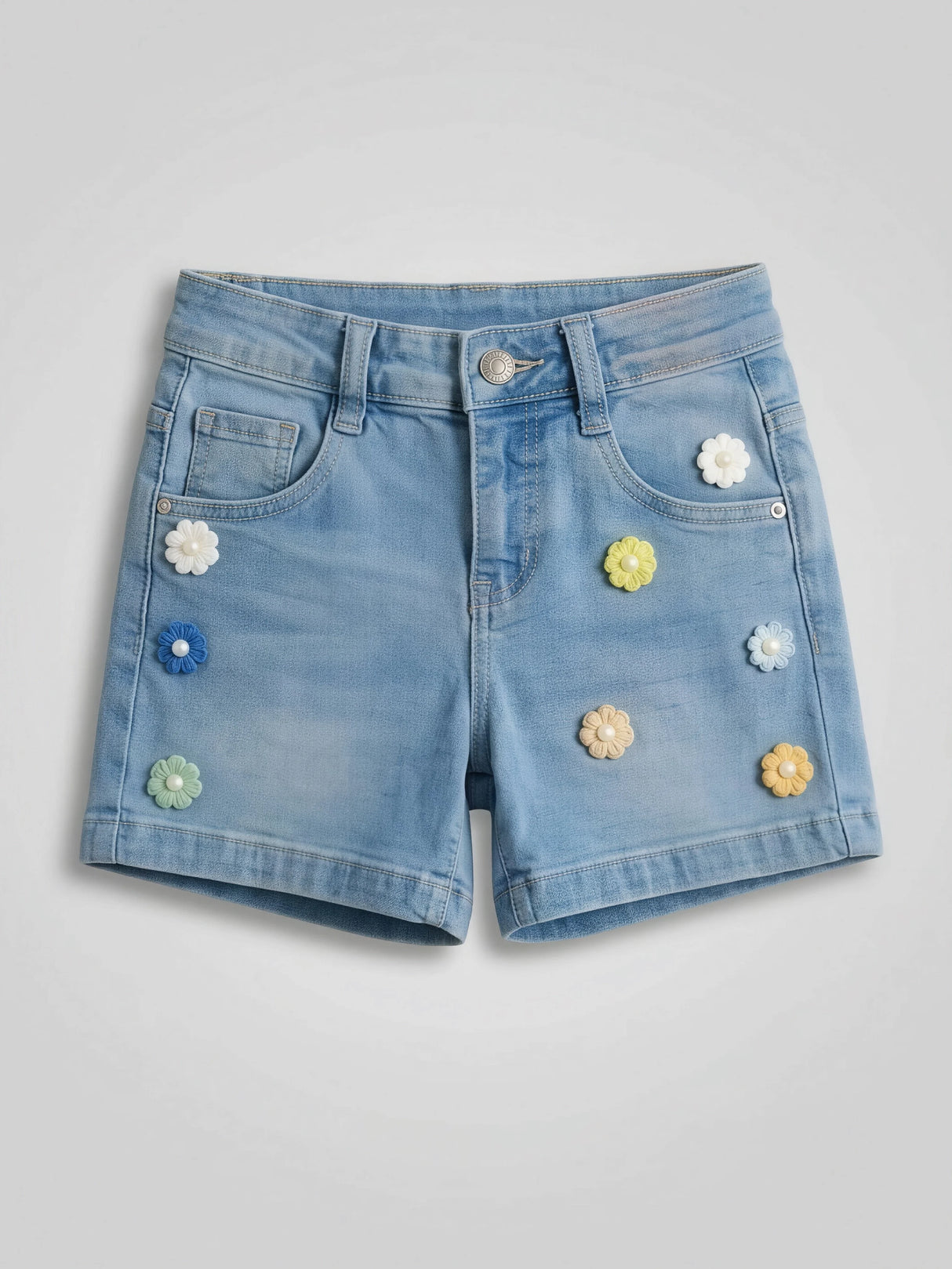 Girls Blue Floral Applique Denim Shorts