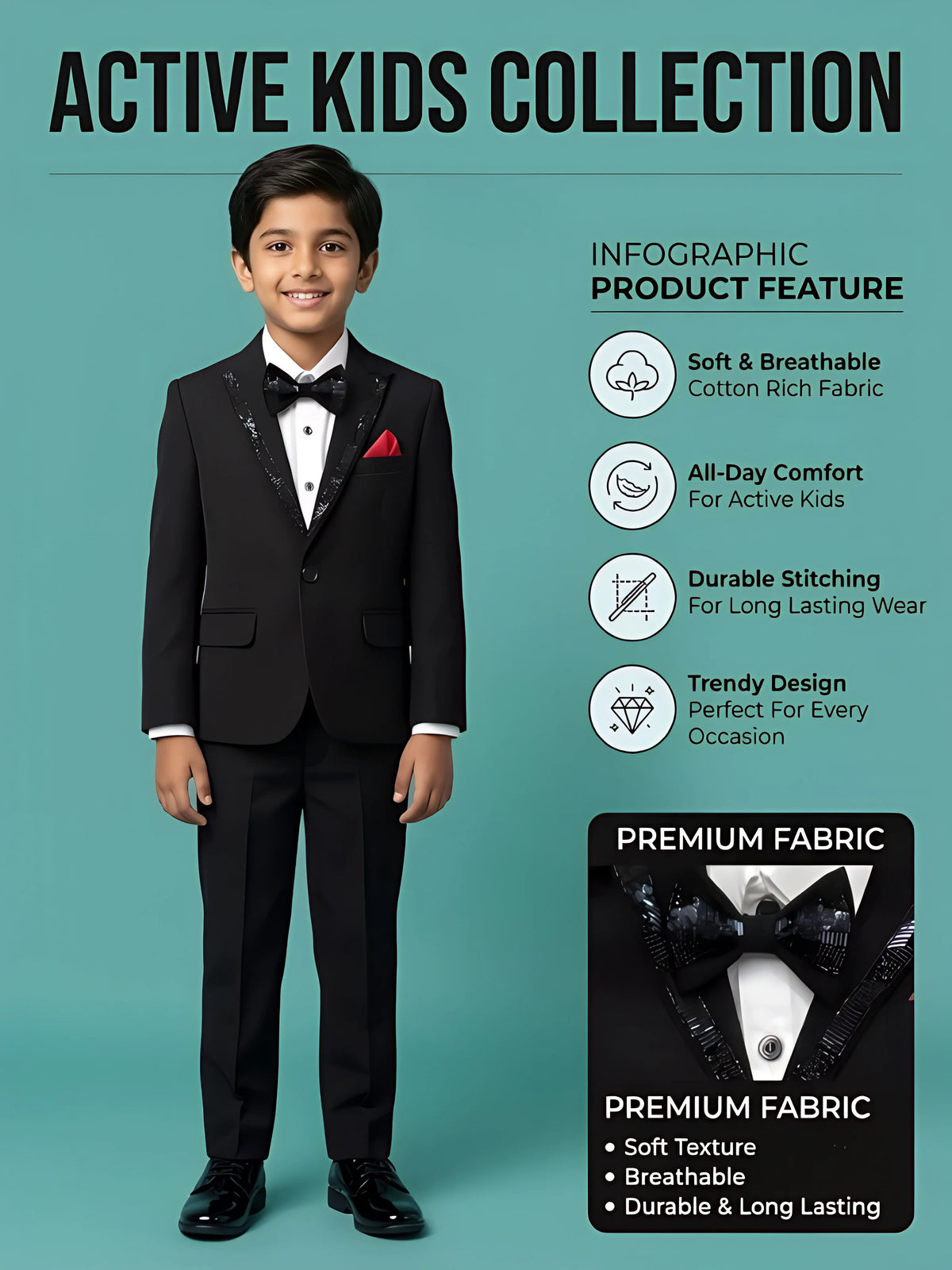 Boys Premium Black Coat Suit Set for Weddings and Parties.