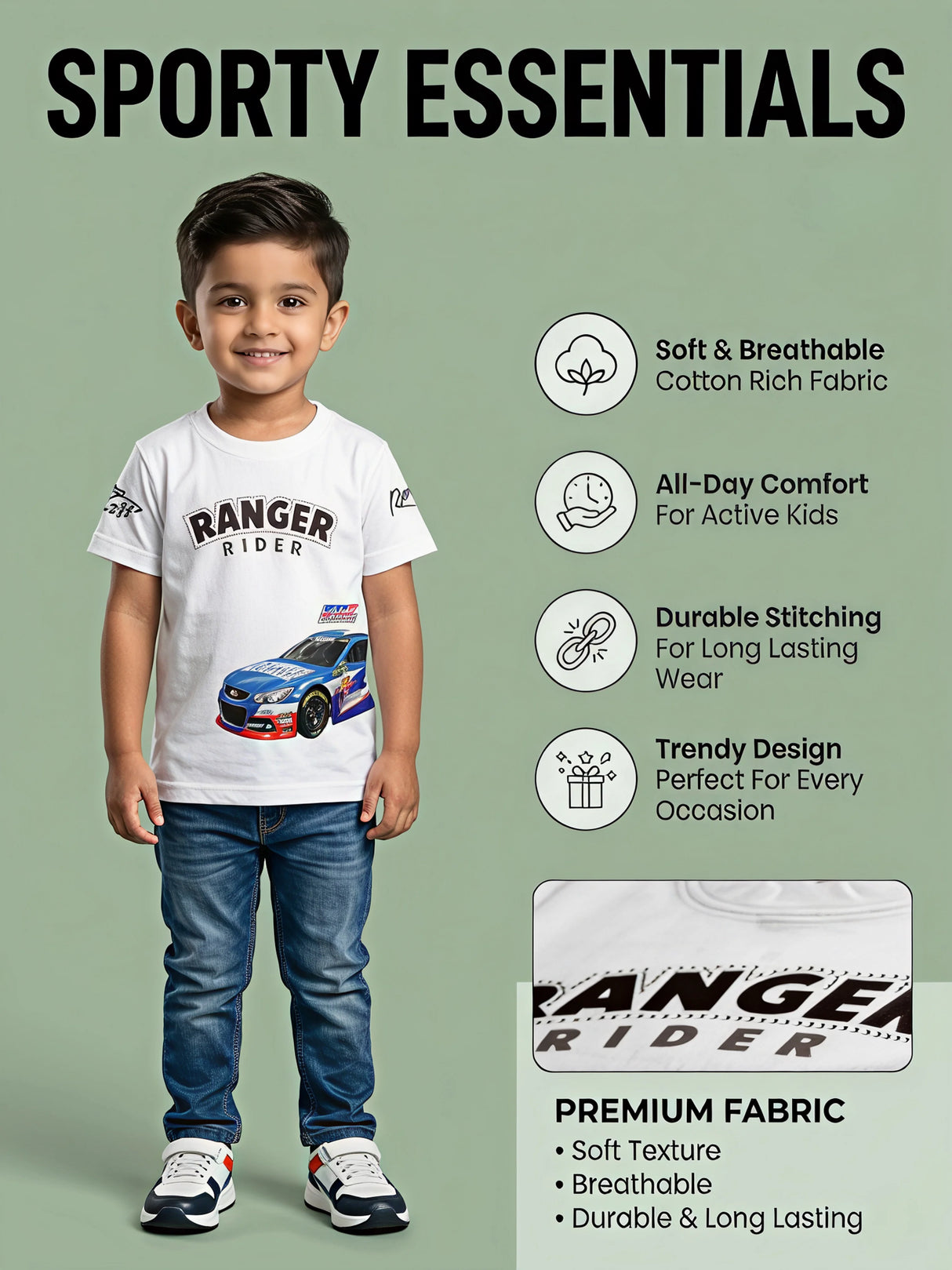 Boys White Ranger Rider Racing Car Graphic T-Shirt.