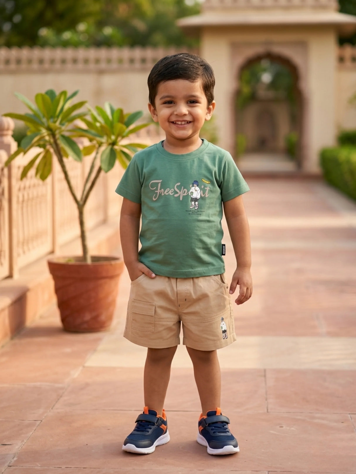 Boys Green Free Spirit Cotton T-Shirt and Cargo Shorts Set