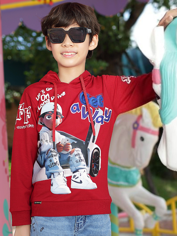 Young boy wearing black sunglasses and a bright red hooded sweatshirt with a large, colorful urban character graphic and the text 'Get Away' and 'On Long Drive.'