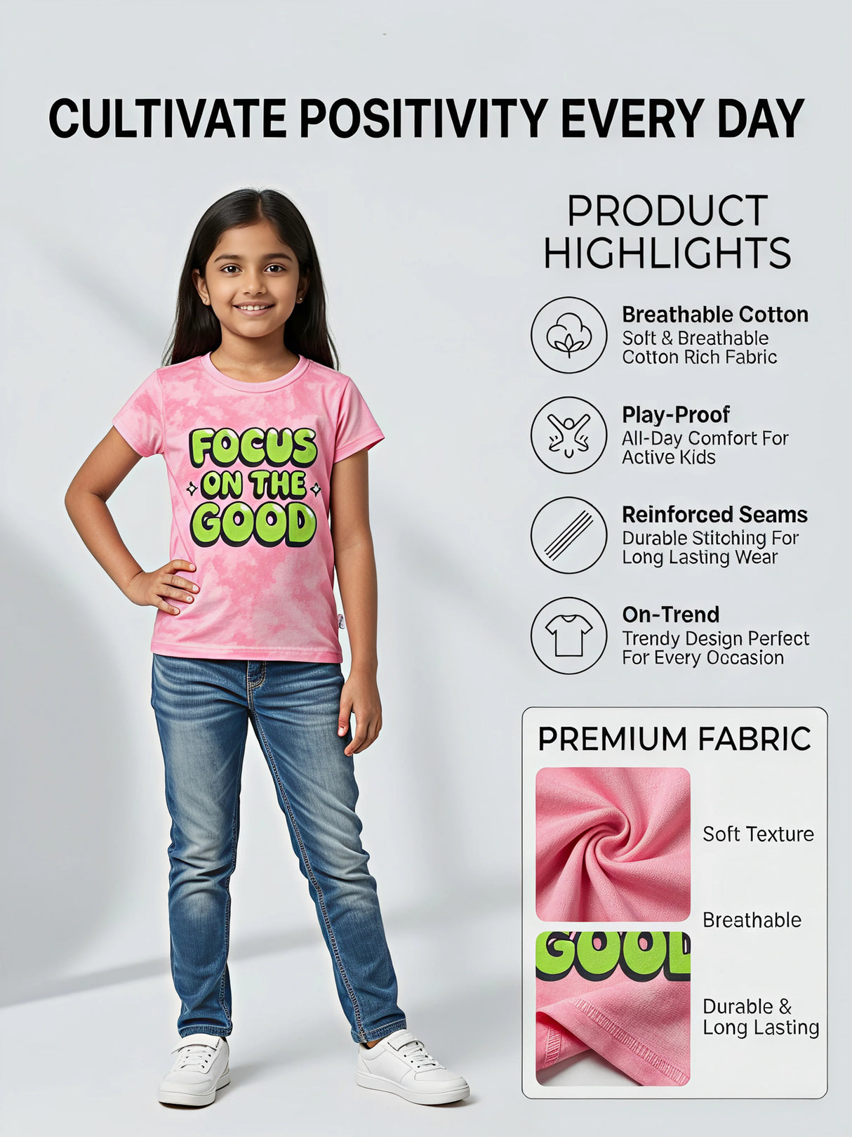 Girls Pink "Focus On The Good" Graphic T-Shirt.