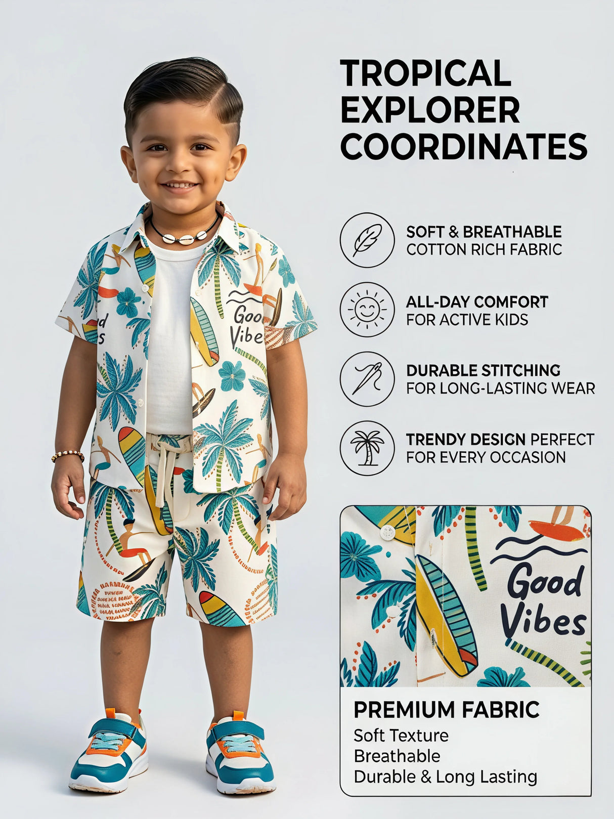 Boys Green Tropical Print Shirt and Shorts Set