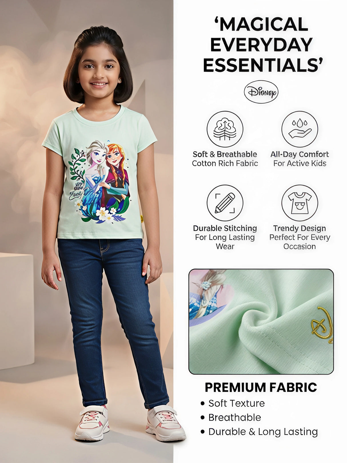 Girls Light Green Disney Frozen Graphic T-Shirt