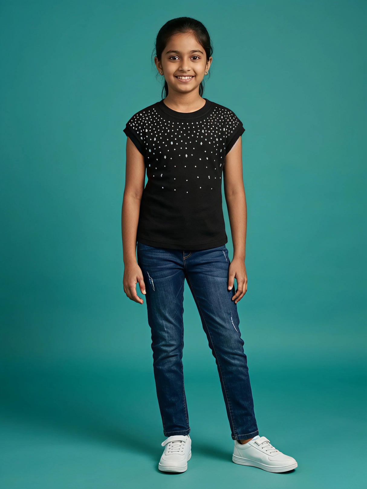 Girls Black Rhinestone Embellished Cap Sleeve Top