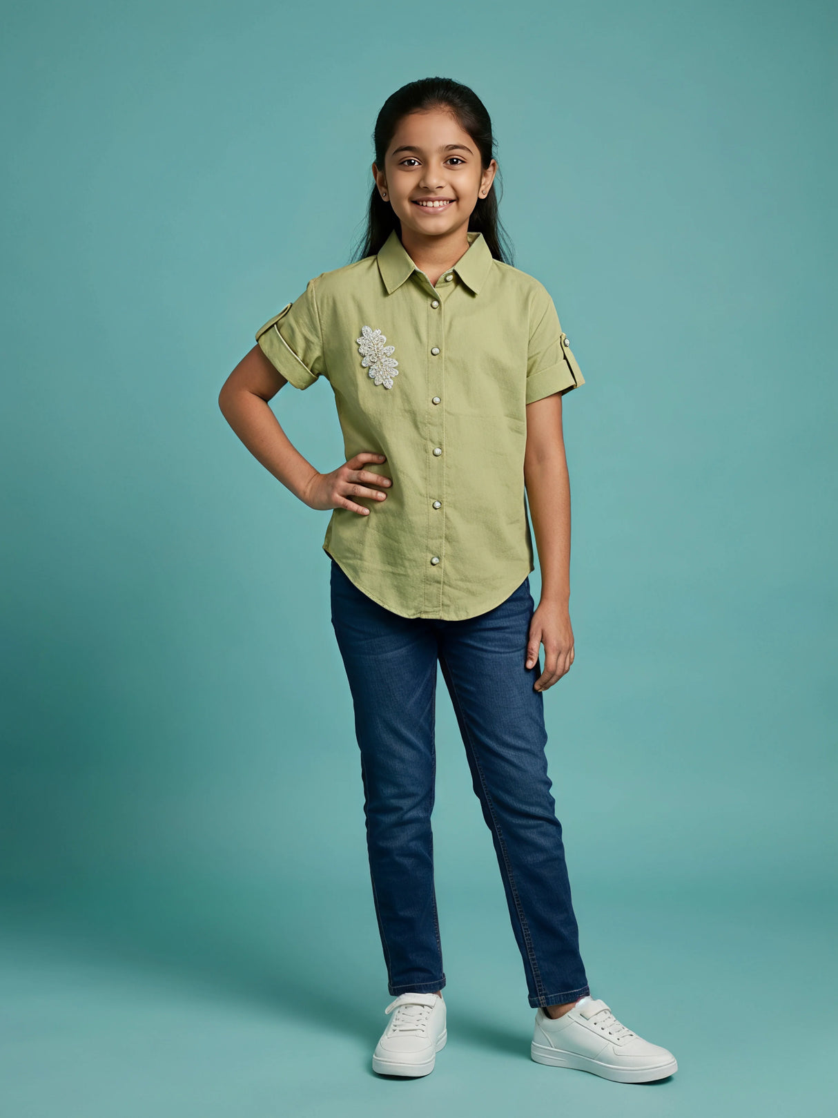 Girls Sage Green Embroidered Cotton Shirt