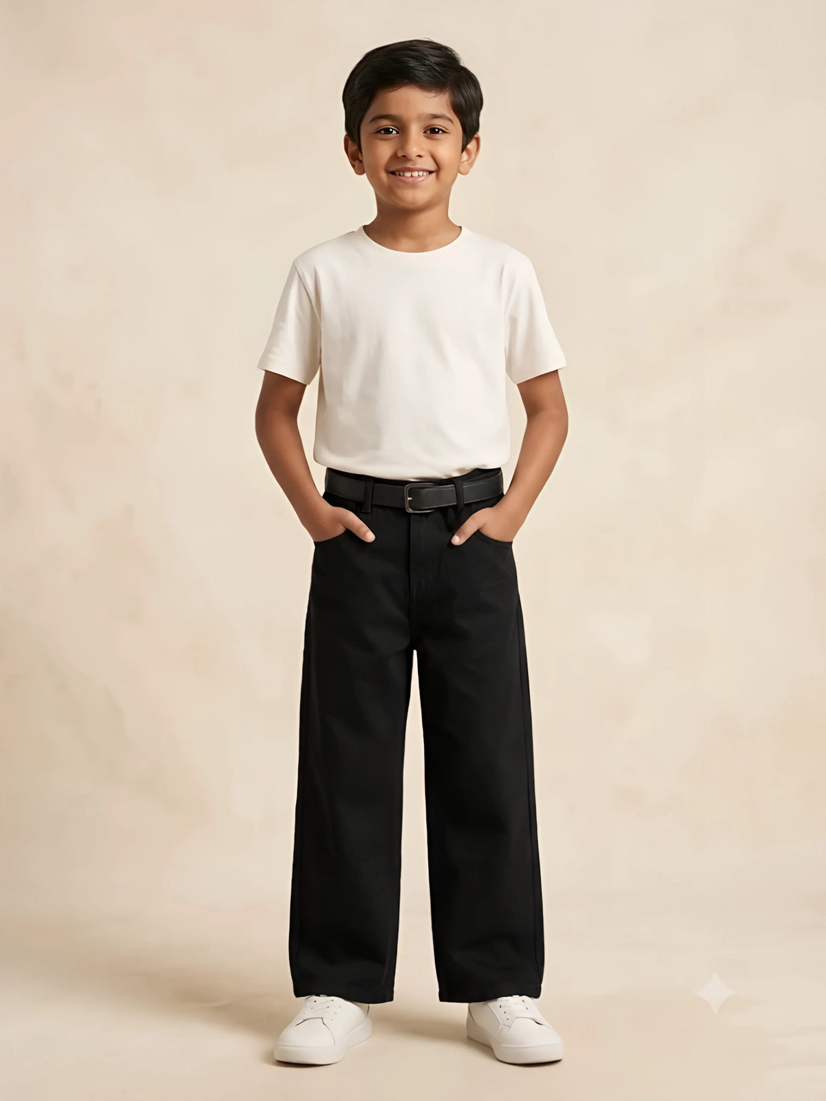 Young boy wearing stylish black relaxed fit casual trousers paired with a white t-shirt and white sneakers