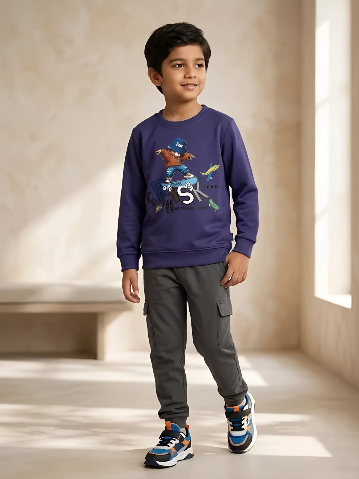 Purple bear graphic print t-shirt for boys on a white background
