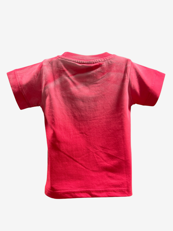 Vibrant fuchsia pink boys' short-sleeve T-shirt with a central "BOGY" graphic with teal and white pattern and scattered blue paint splatters