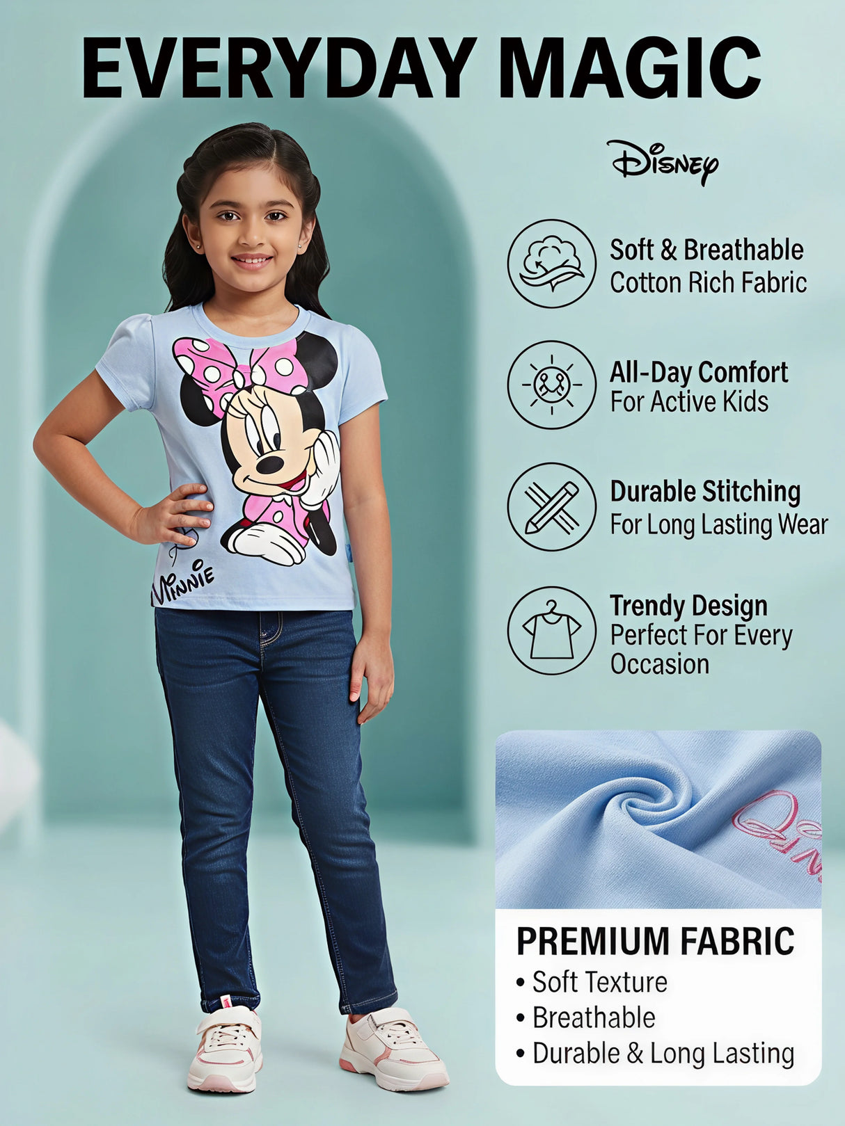 Girls Light Blue Minnie Mouse Printed Tops