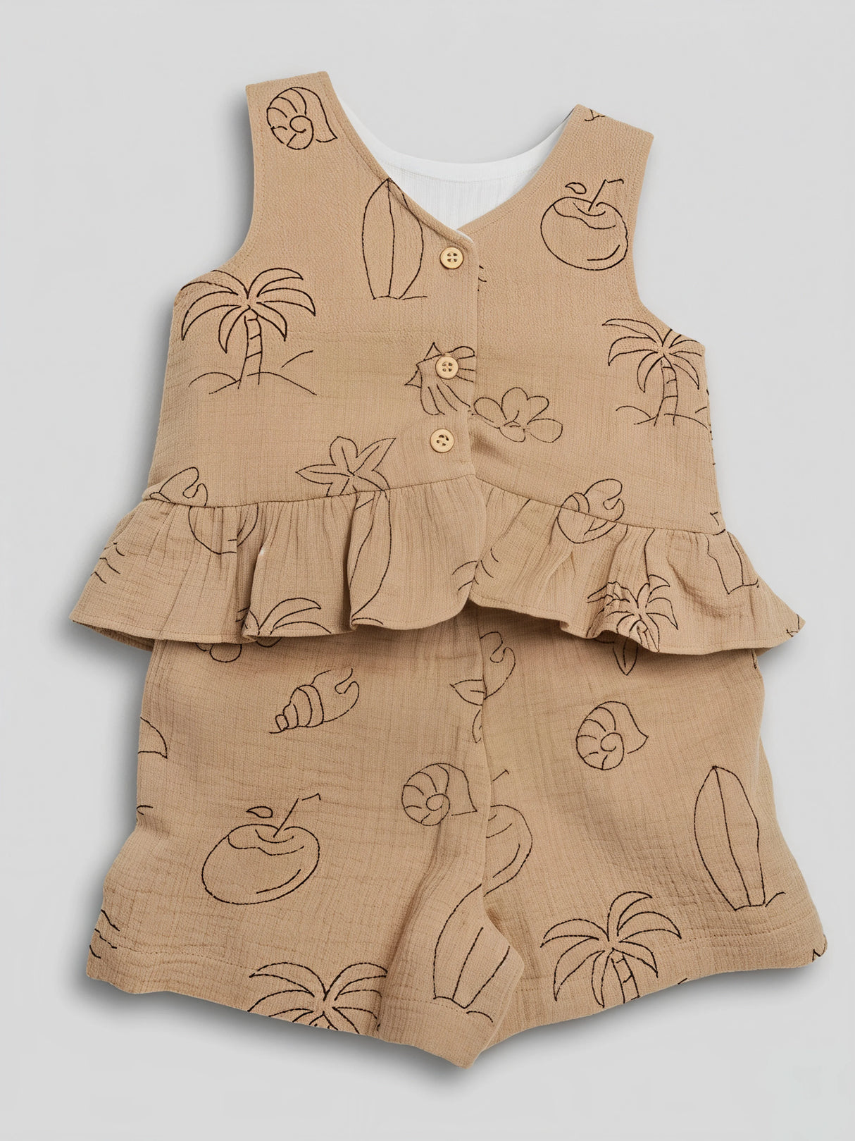 Girls Premium Brown Cotton Muslin Printed Peplum Top and Shorts Set