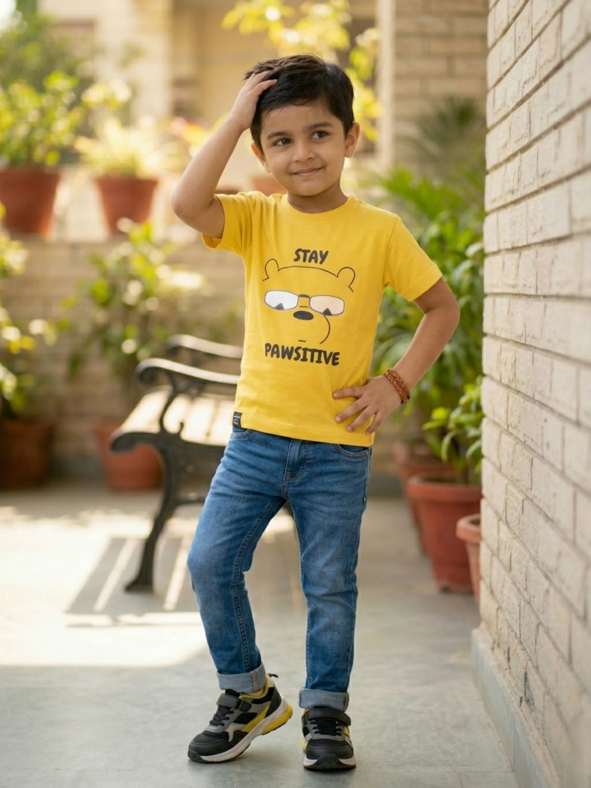 Boys Yellow Stay Pawsitive Bear Graphic T-Shirt