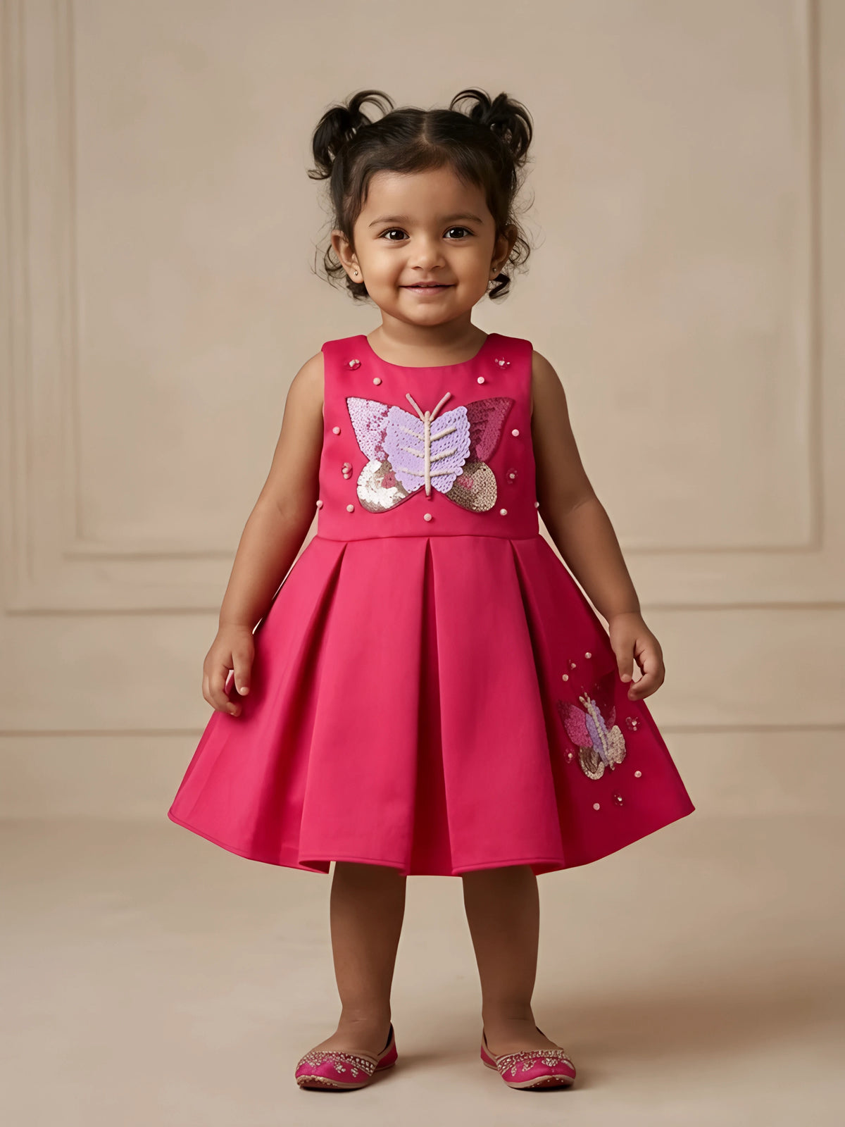 Little girl wearing a bright pink sleeveless party frock featuring a sparkling sequined butterfly applique, pearl details, and a box-pleated flared skirt.