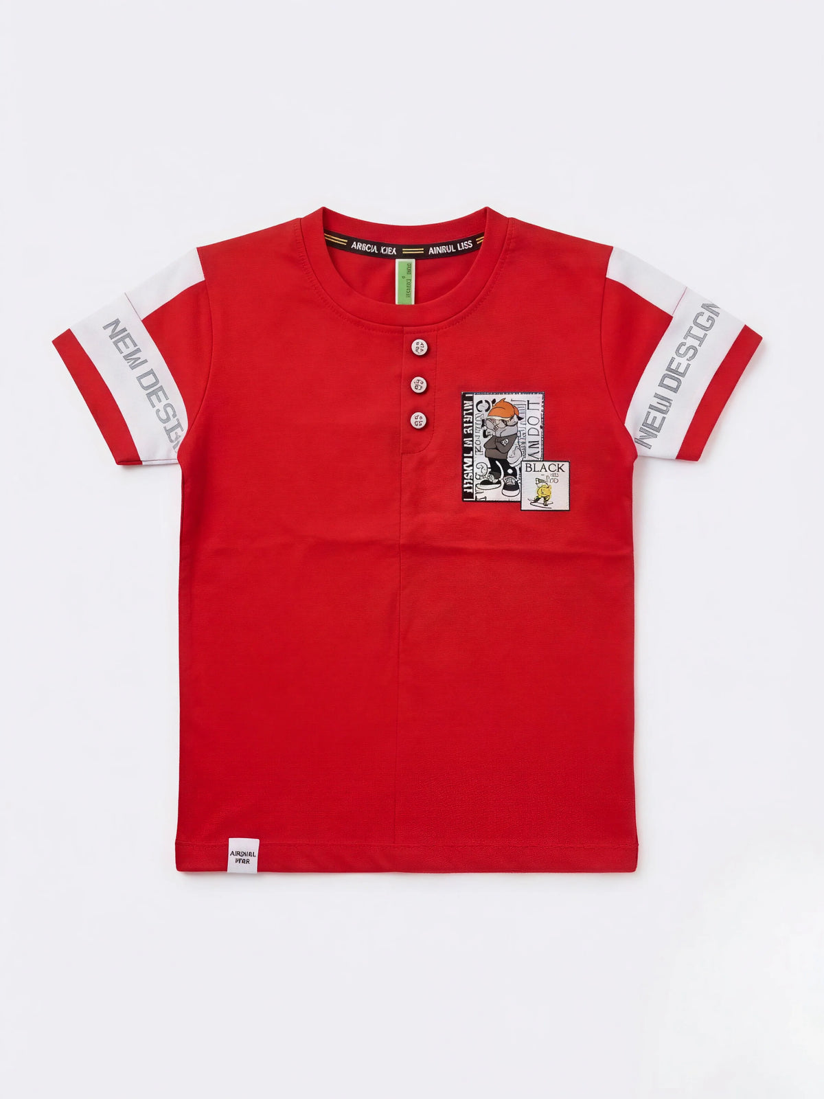 Red Graphic Print Henley T-Shirt with White Sleeve Panels