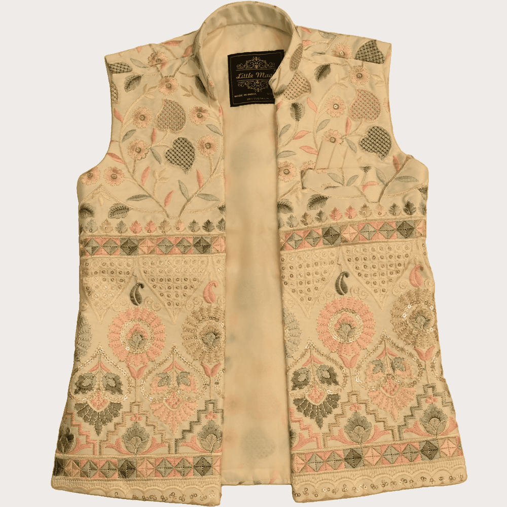 Boys Traditional Little Magic Printed Indo Western Kurta Set - Cream