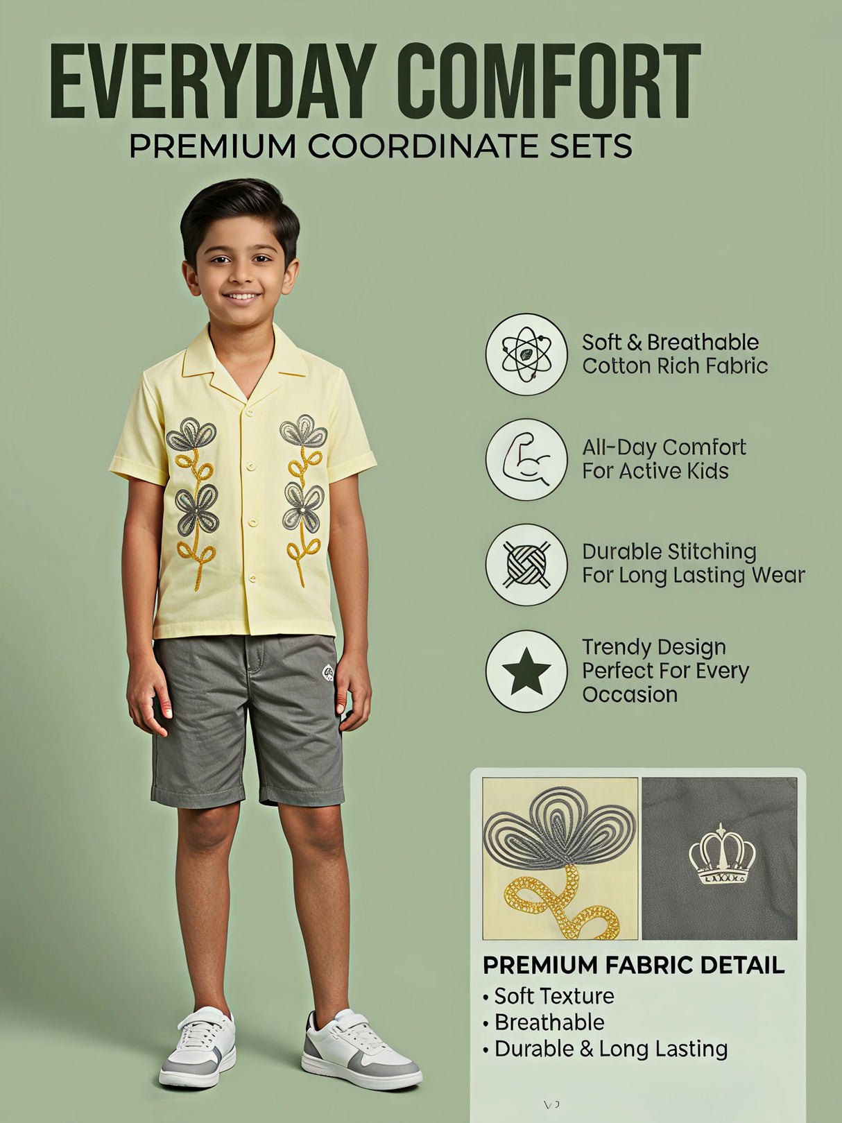 Boys Yellow Floral Embroidered Co-ord Set.