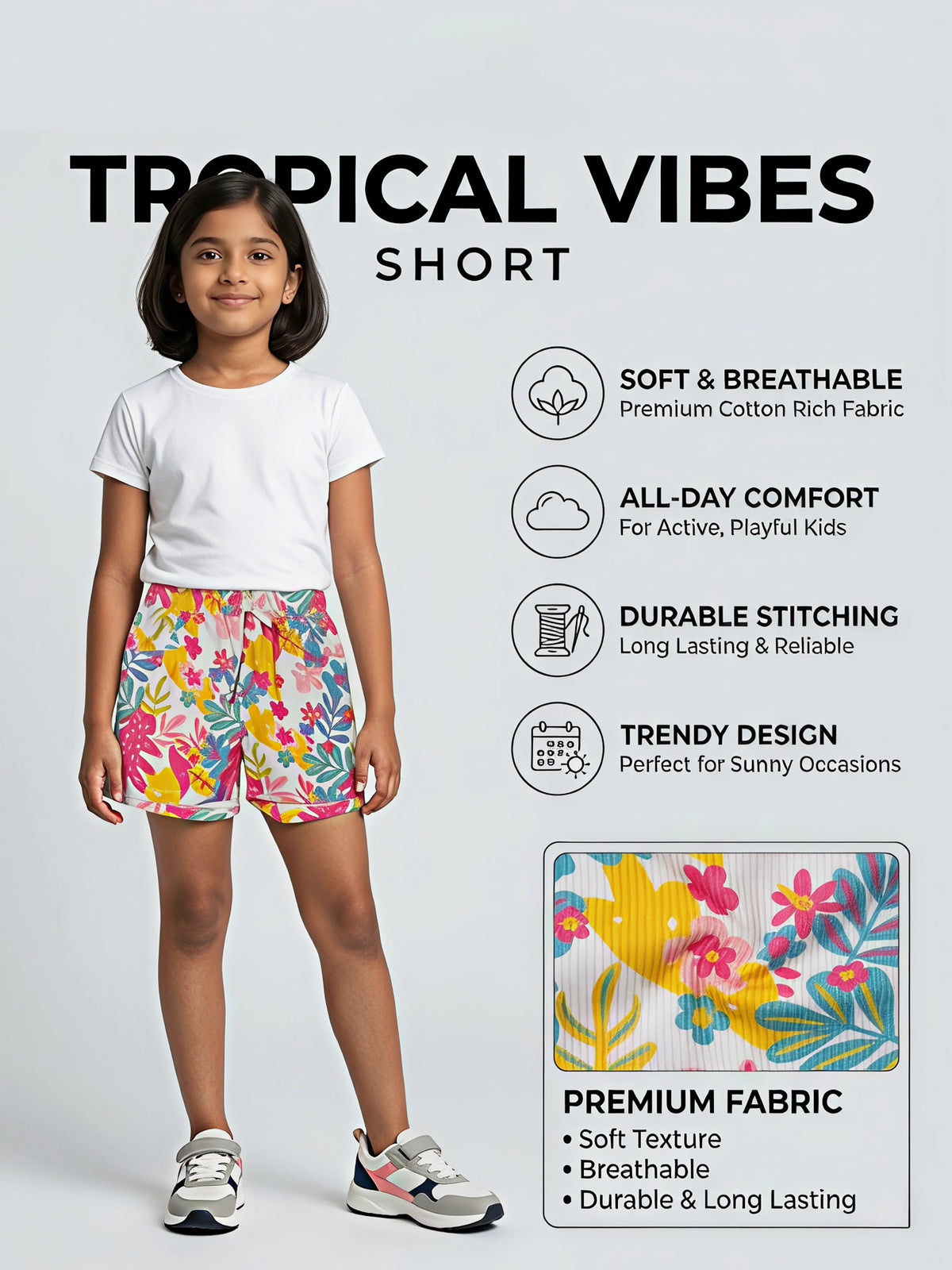Girls Multi-Color Patchwork Print Shorts with Drawstring
