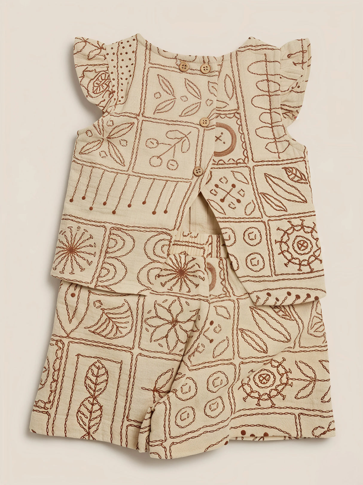 Girls Cream Block Print Shorts Set