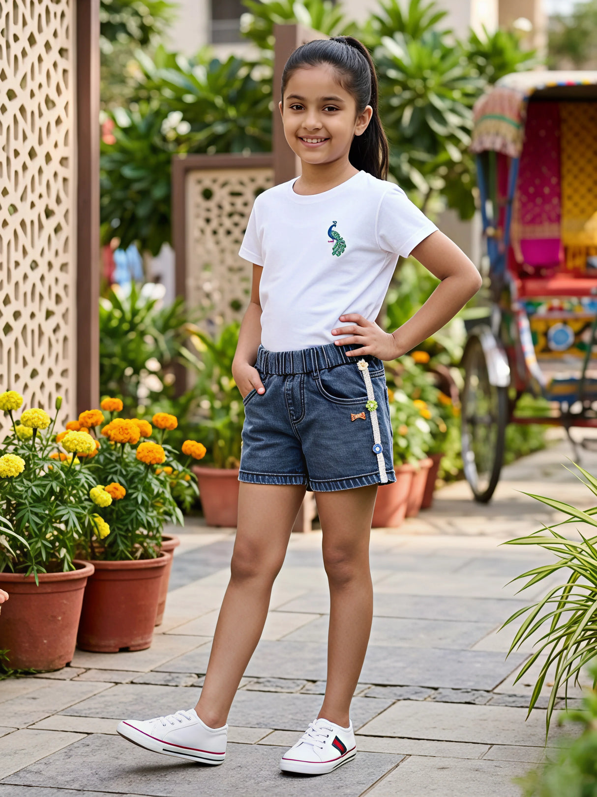Girls Dark Grey Denim Shorts with Floral Side Taping