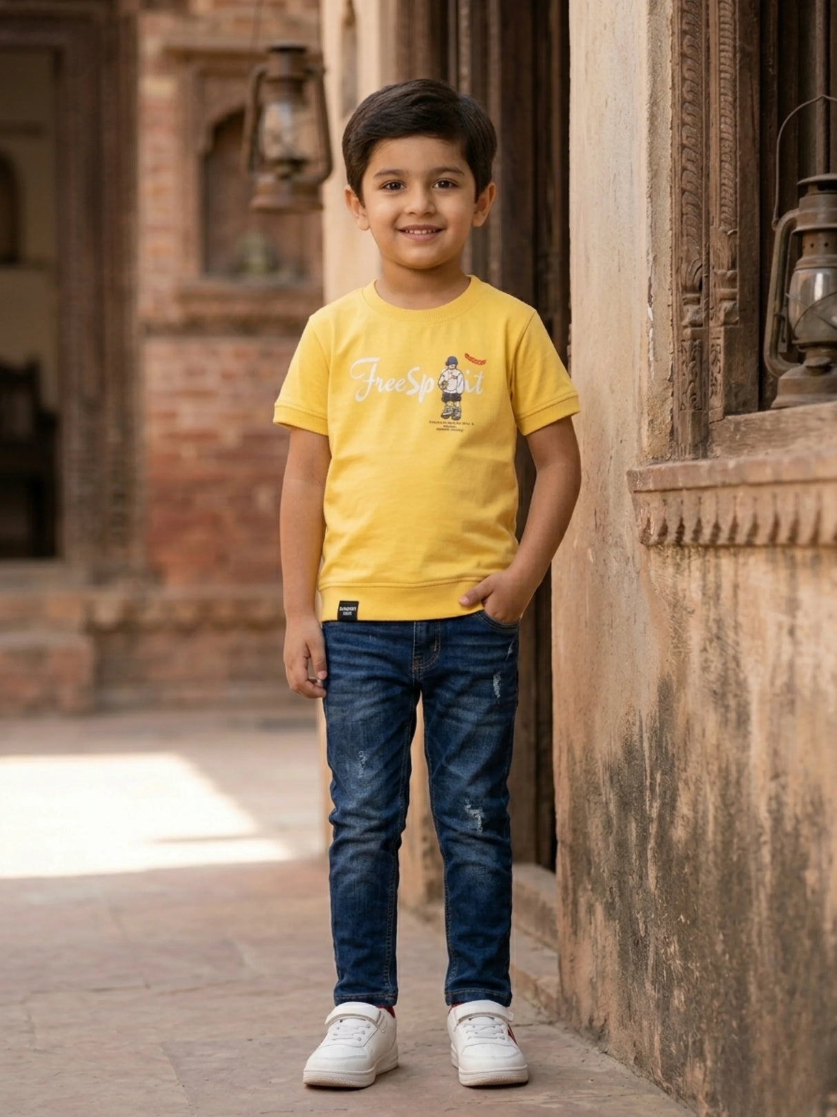 Boys' Yellow "Free Sport" Graphic Cotton T-Shirt