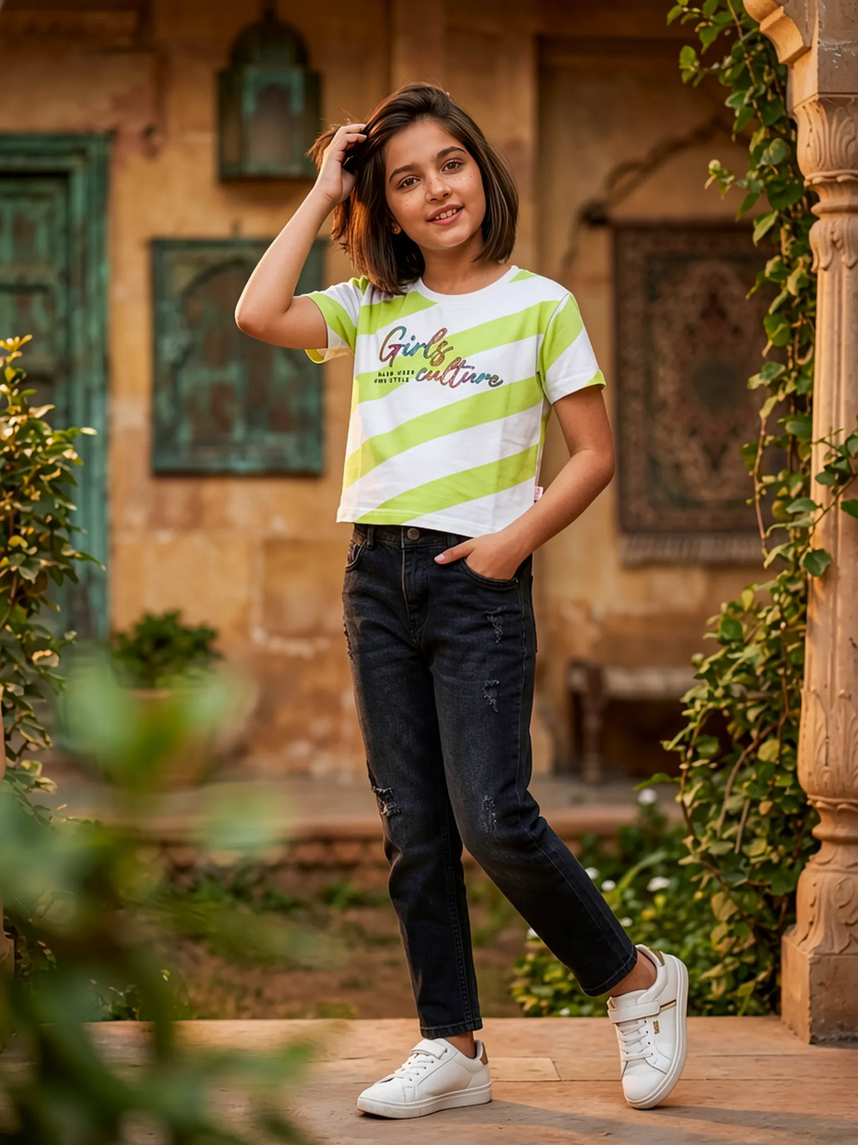 Girls Lime Green Diagonal Stripe Graphic Tee