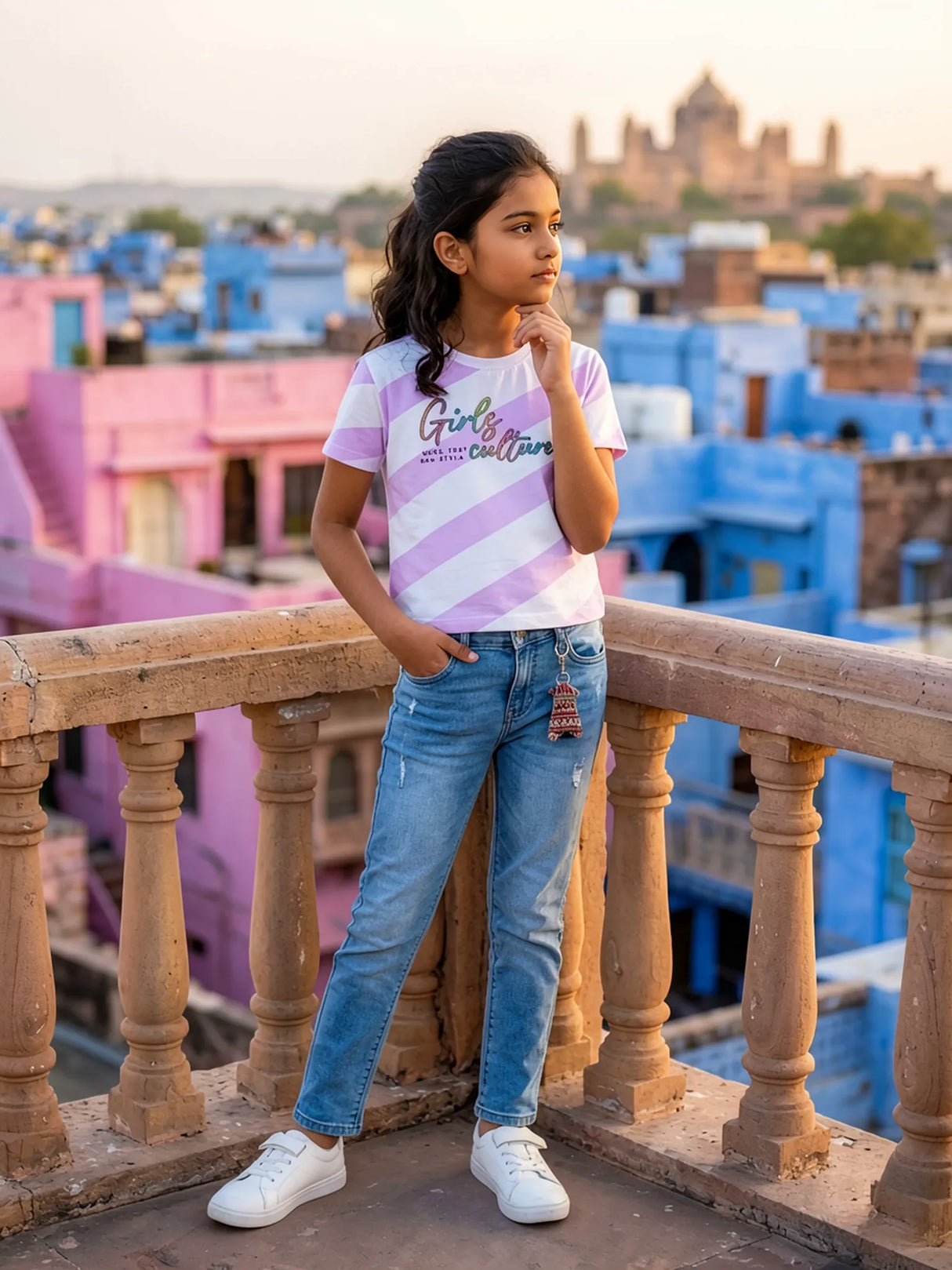 Girls Purple Diagonal Stripe Graphic Tee