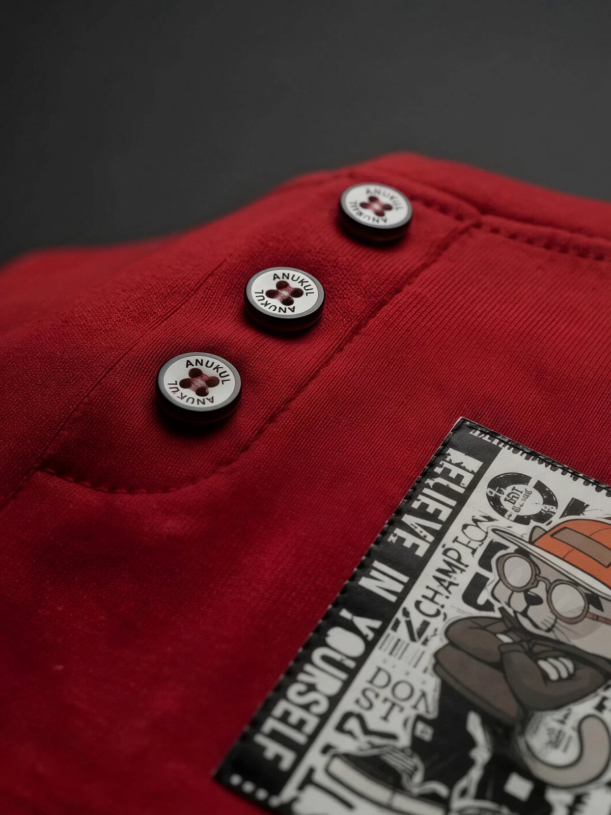 Red Graphic Print Henley T-Shirt with White Sleeve Panels