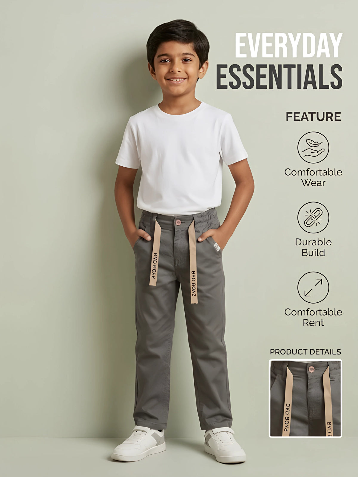 Boys Grey Casual Trousers with Drawstring Detail