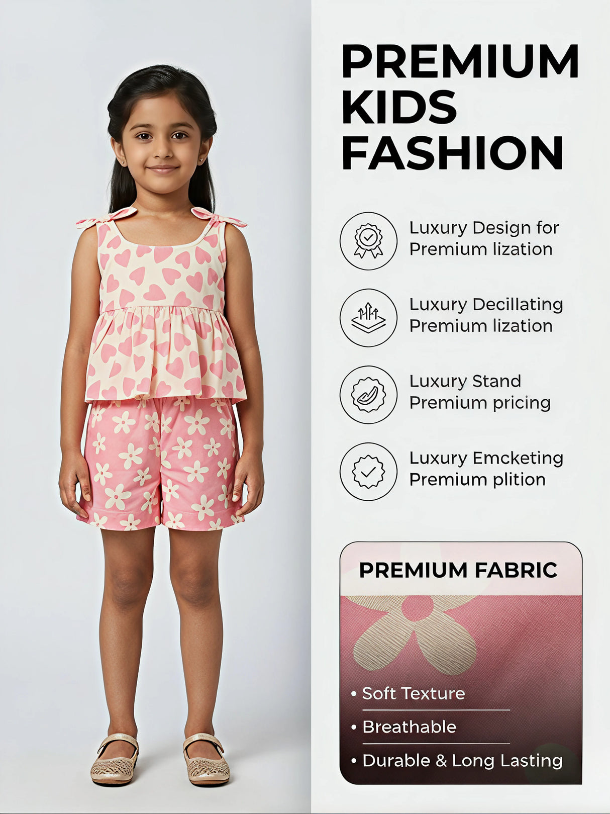 Girls Pink Heart & Floral Printed Shorts Set