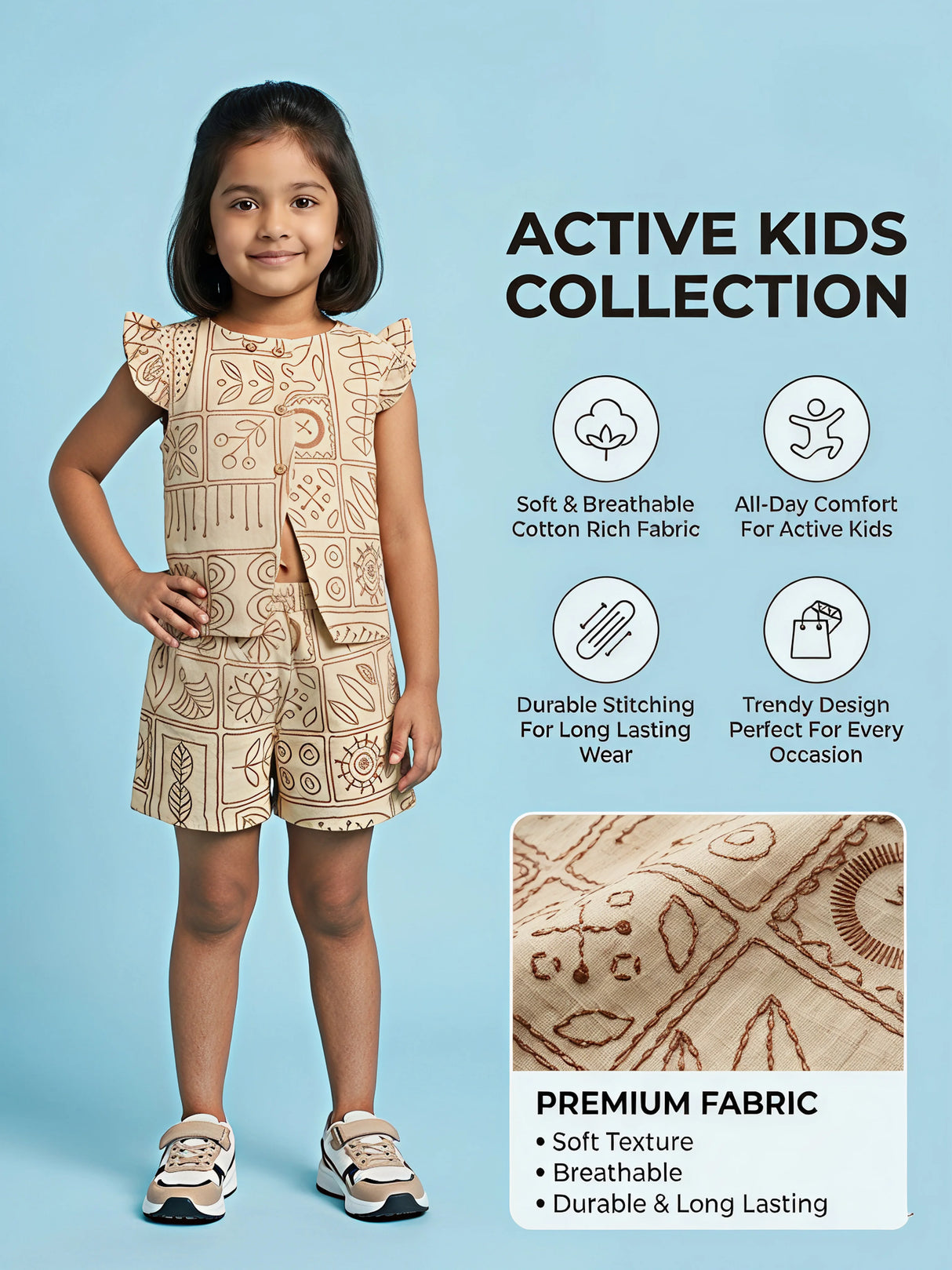 Girls Cream Block Print Shorts Set