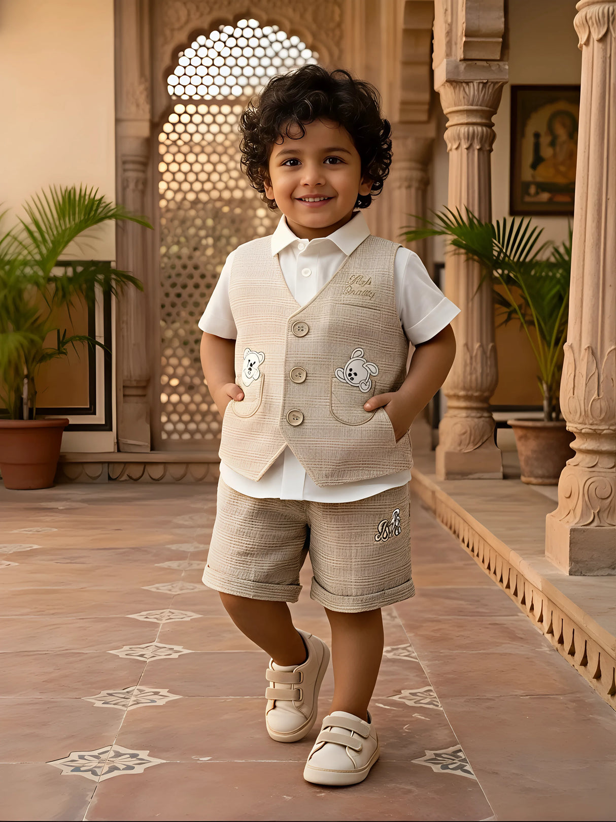 Boys Brown Textured Waistcoat & Shorts Set