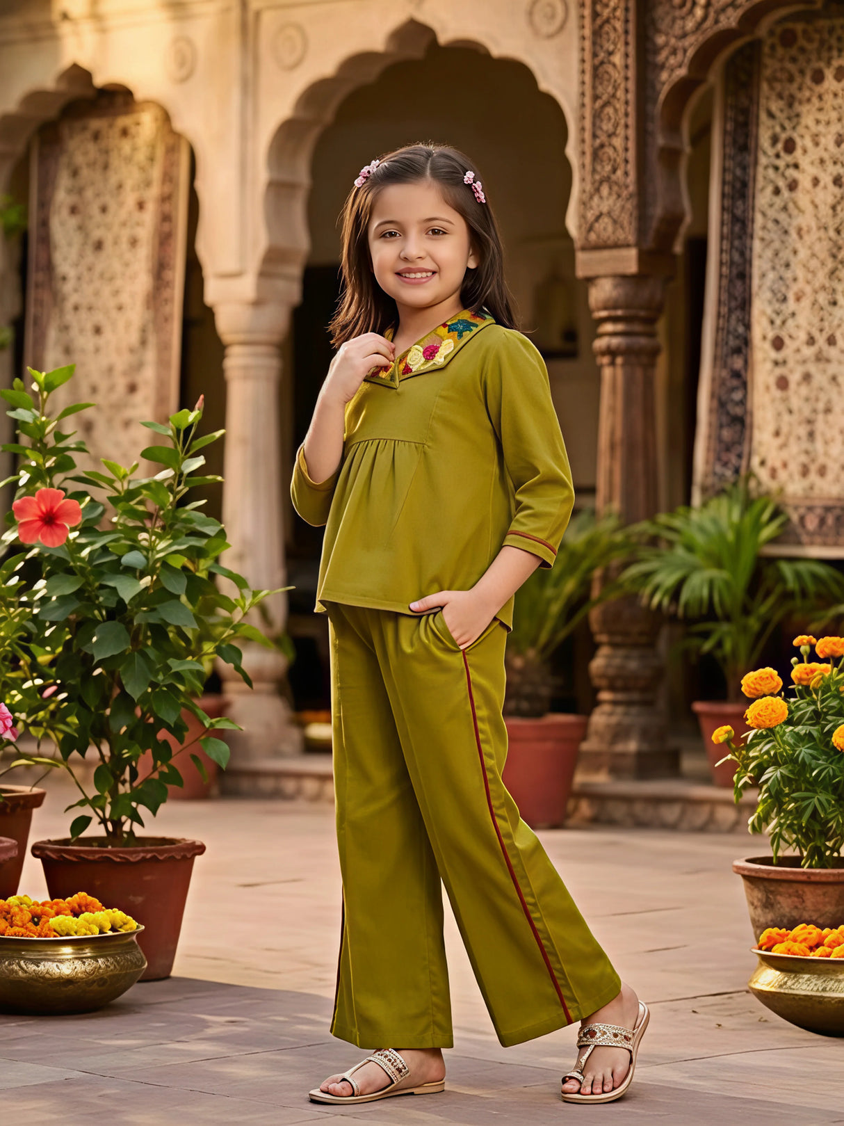 Girls Olive Green Embroidered Plazo Set