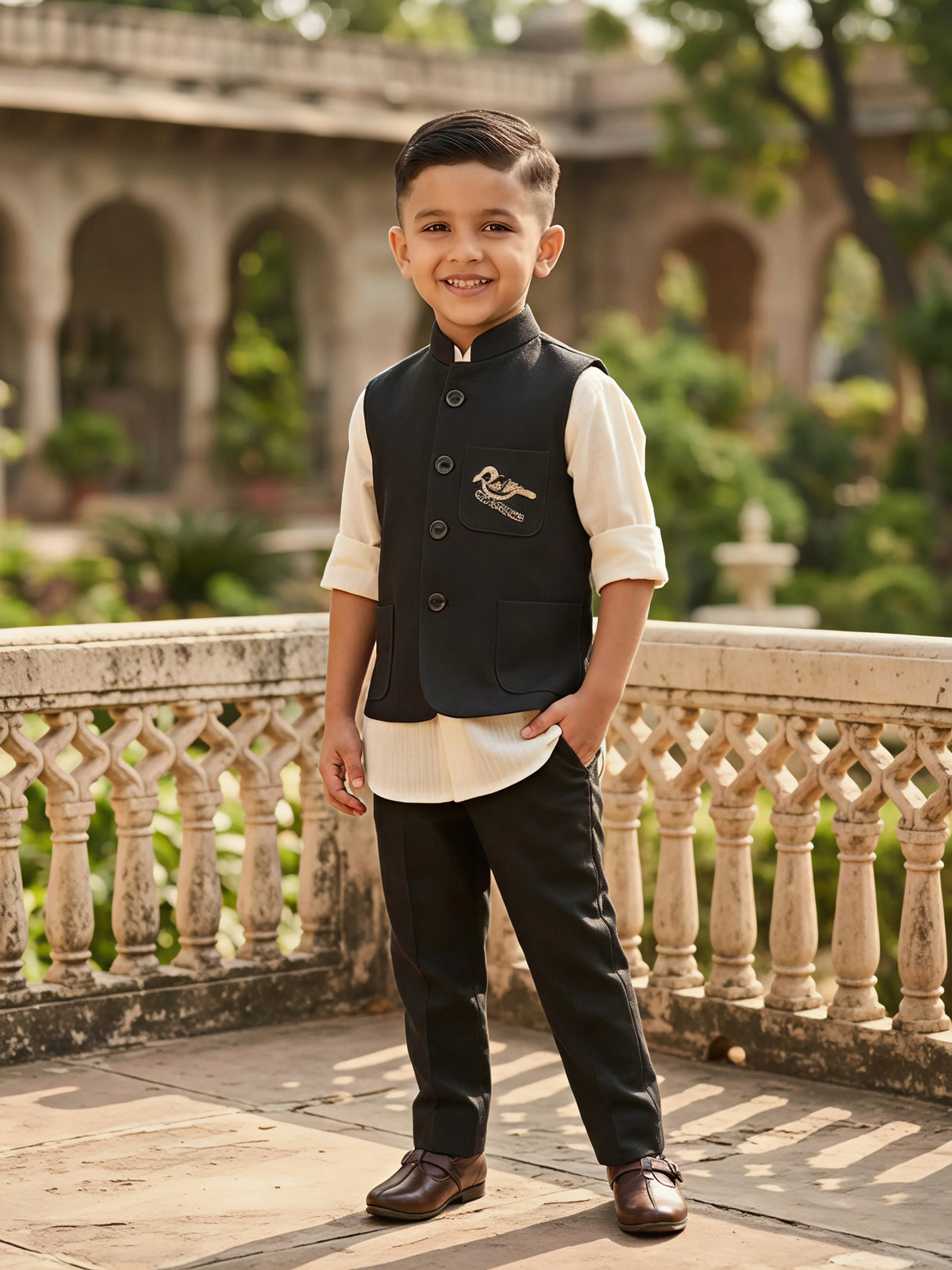 Boys Cream Shirt & Navy Blue Waistcoat Set