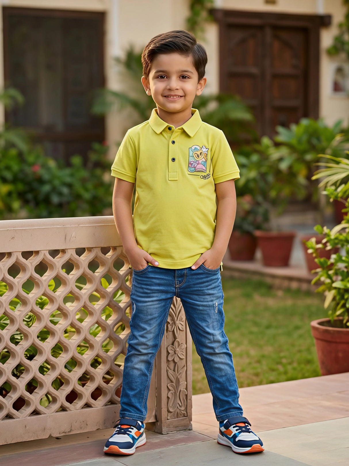 Boys Vibrant Lime Green Cotton Polo T-Shirt