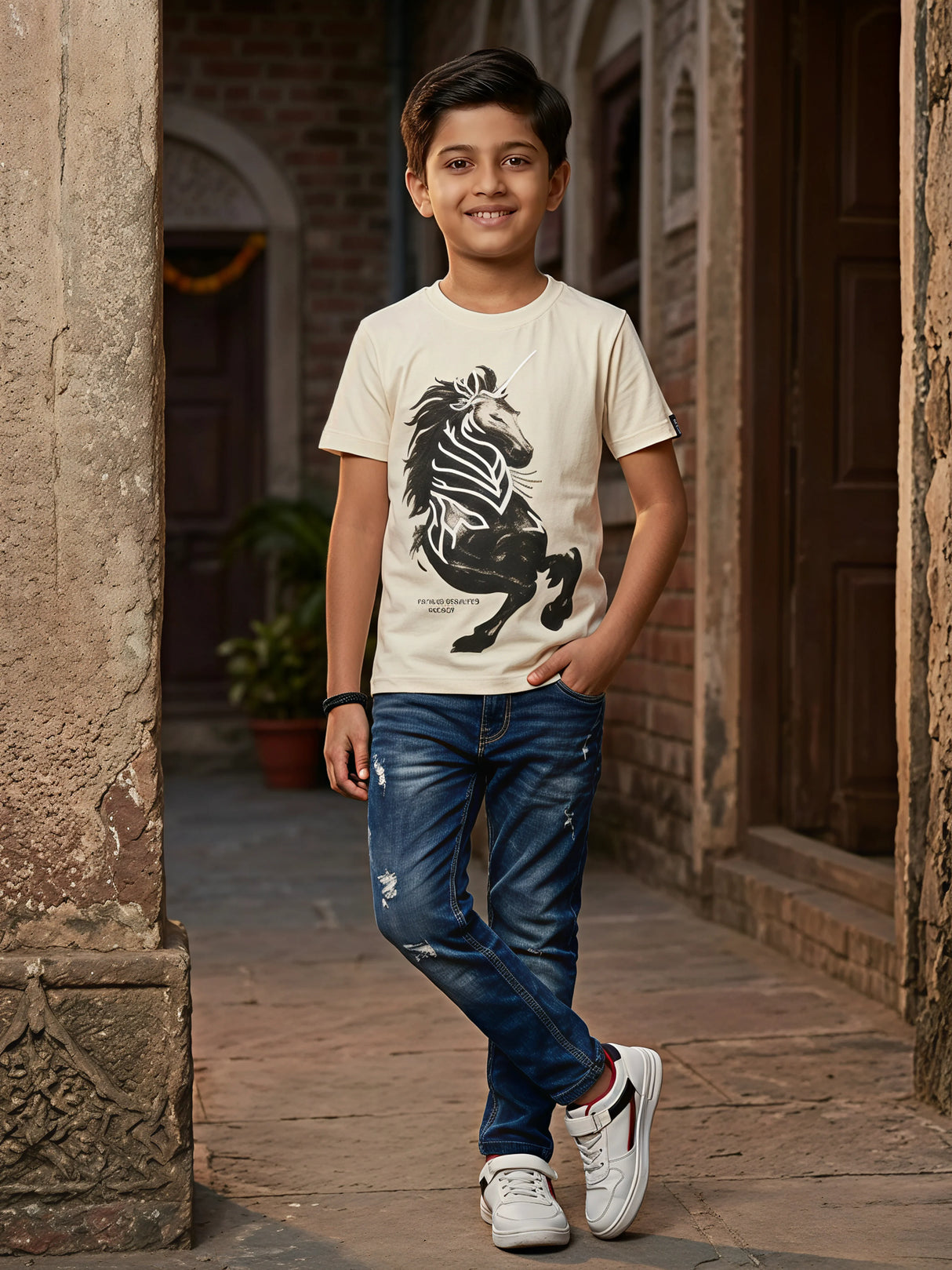 Boys Cream Unicorn Graphic T-Shirt