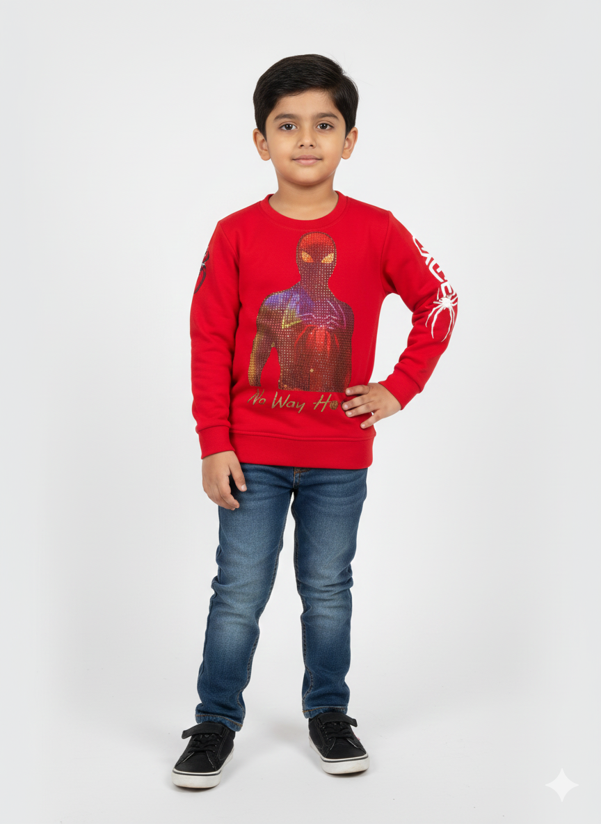 Boys' long-sleeved red crewneck sweatshirt featuring a large, textured graphic of Spider-Man and 'No Way Home' text on the front, with additional white graphics on the sleeves, hanging on a hanger.