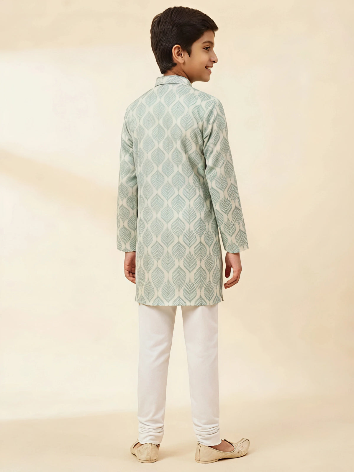 Green Leaf Print Kurta Pajama Set for Boys
