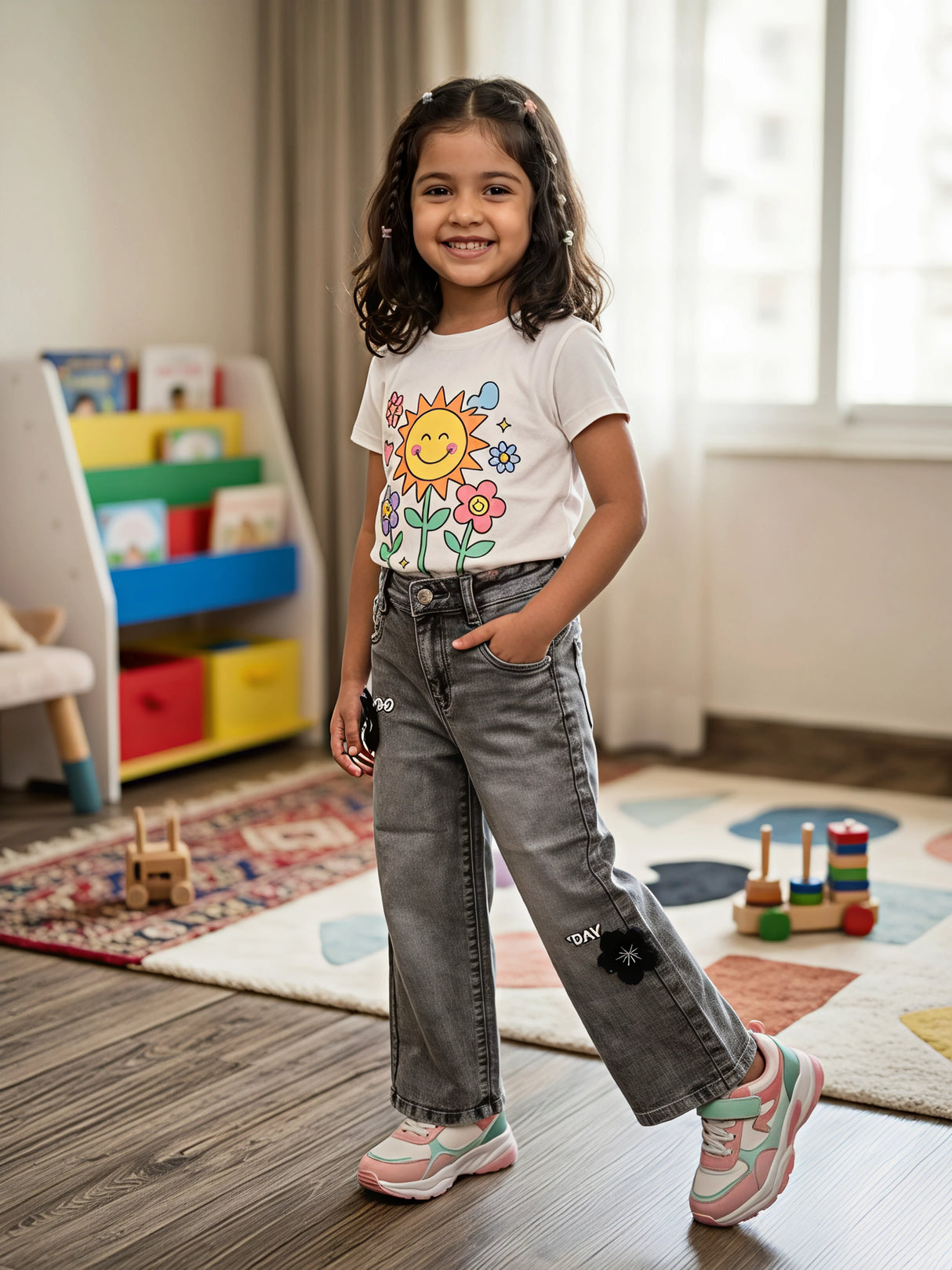 Girls' Charcoal Black Wide-Leg Denim Jeans with Floral Accents