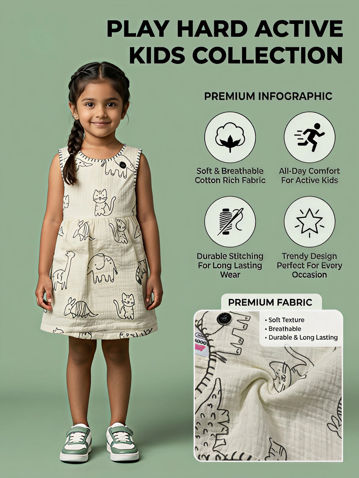 Girls Cream Animal Print Cotton Frock